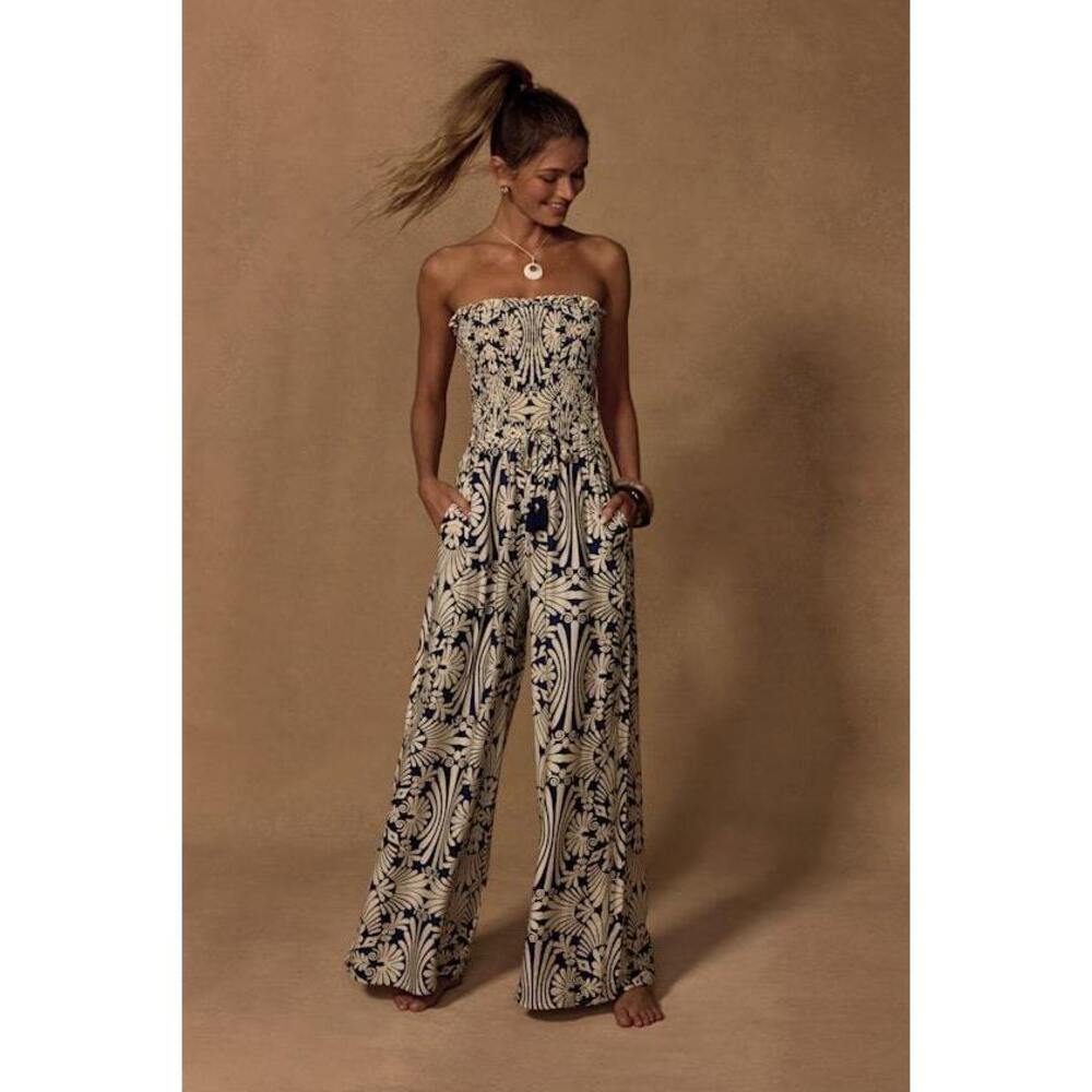 Lulus Indie Navy And Ivory Boho Print Wide-leg Jumpsuit Blue - Size S